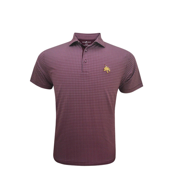 A maroon and black checkered polo shirt with a 'Texas State' logo on the chest.