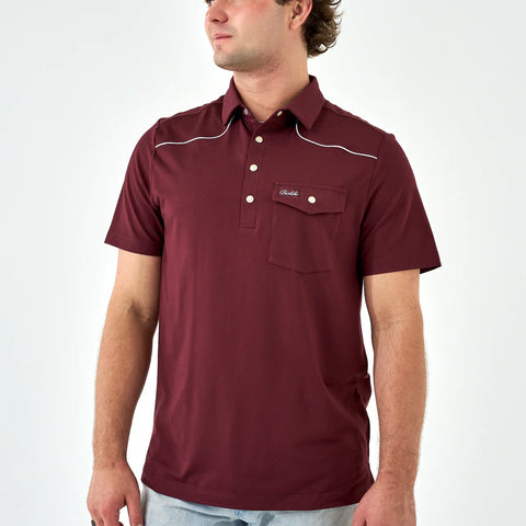 Maroon pearl snap pocket polo with white western piping