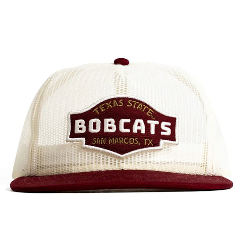 All Mesh Trucker hat with 'Texas State Bobcats San Marcos, TX' logo on a white background