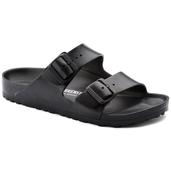 A pair of Birkenstock Arizona EVA sandals in black color with a contoured footbed and two adjustable straps.